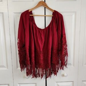 Miss Lili Maroon Lace Fringe Top Size 3X On Off Shoulder Boho Hippie Floral